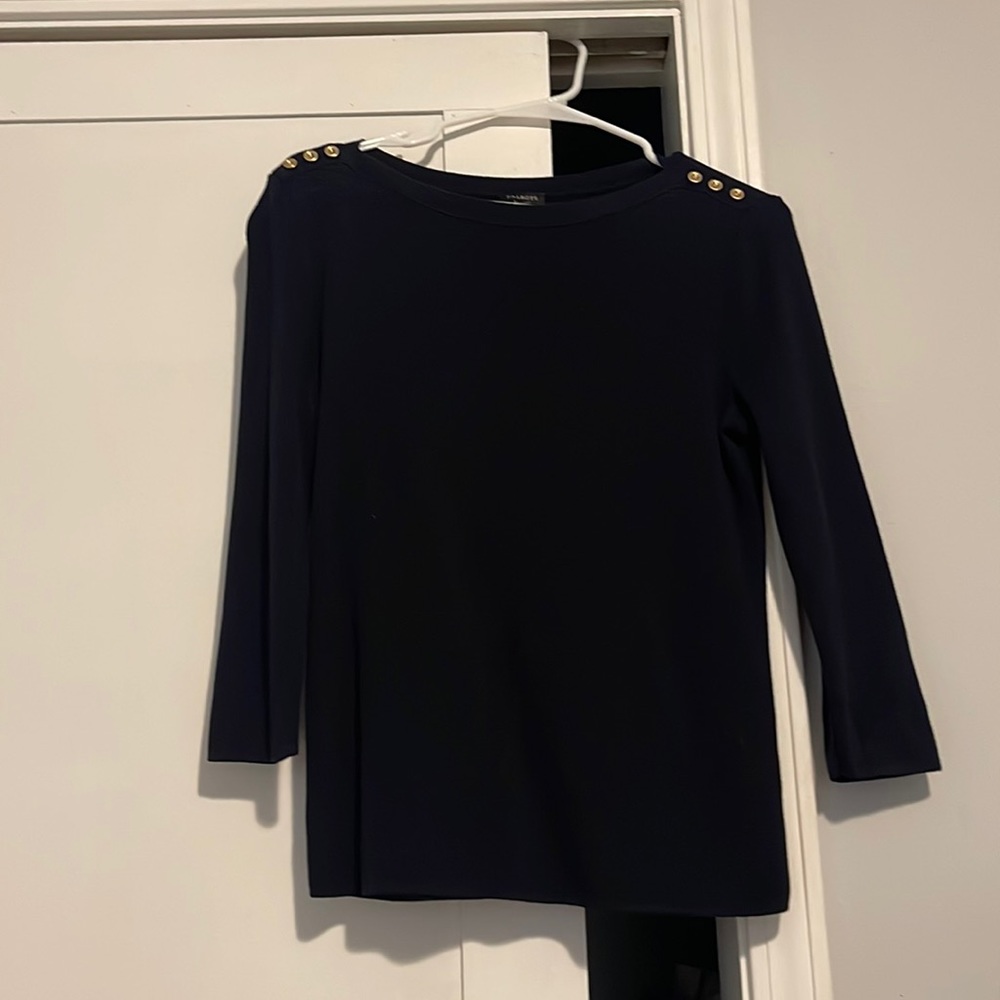 3/4 length black Talbots boatneck top with 3 buttons on each shoulder. Size M.